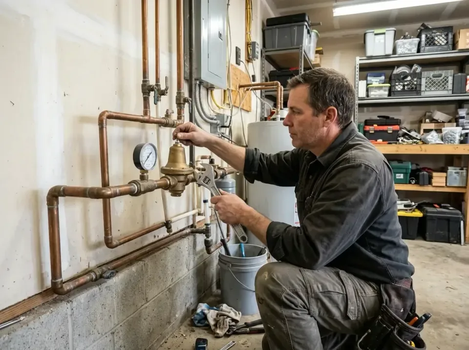 Plumber — Residential Basement — Plumber, Copper Pipes, Pressure Regulator Valve, Residential Basement, Plumbing