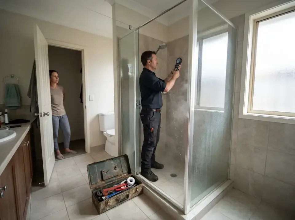 Plumbing Technician — Bathroom — Plumbing Technician, Glass Shower Enclosure, Shower Head, Bathroom, Plumbing